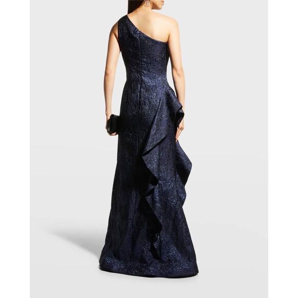 Rickie Freeman Teri Jon Navy One-Shoulder Jacquard Side-Ruffle Evening Gown 16 - Picture 4 of 14